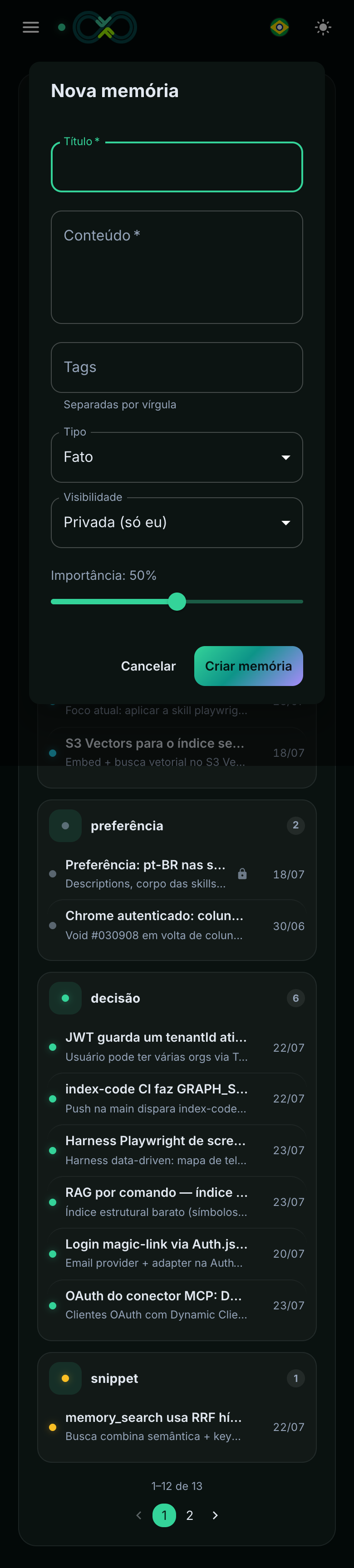 Memórias · Nova (mobile)
